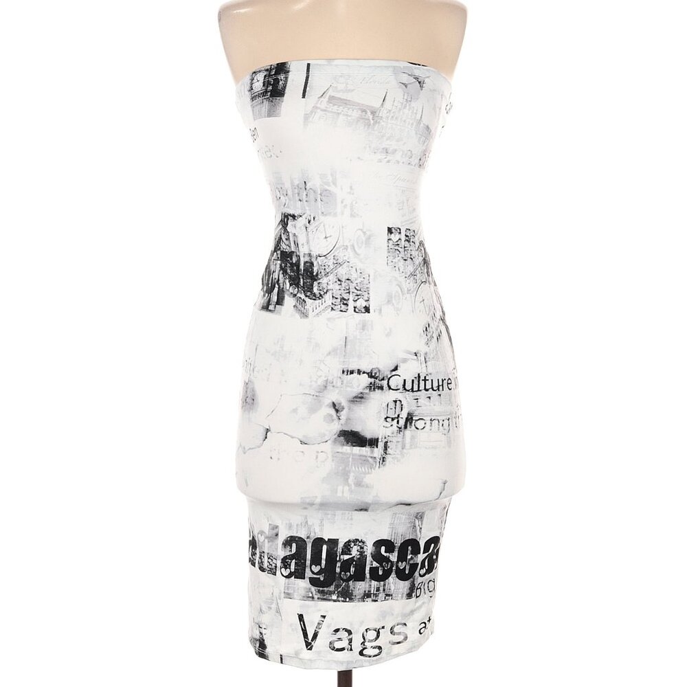 NWOT Popular 21 black & white strapless, bodycon silhouette, graphic print
